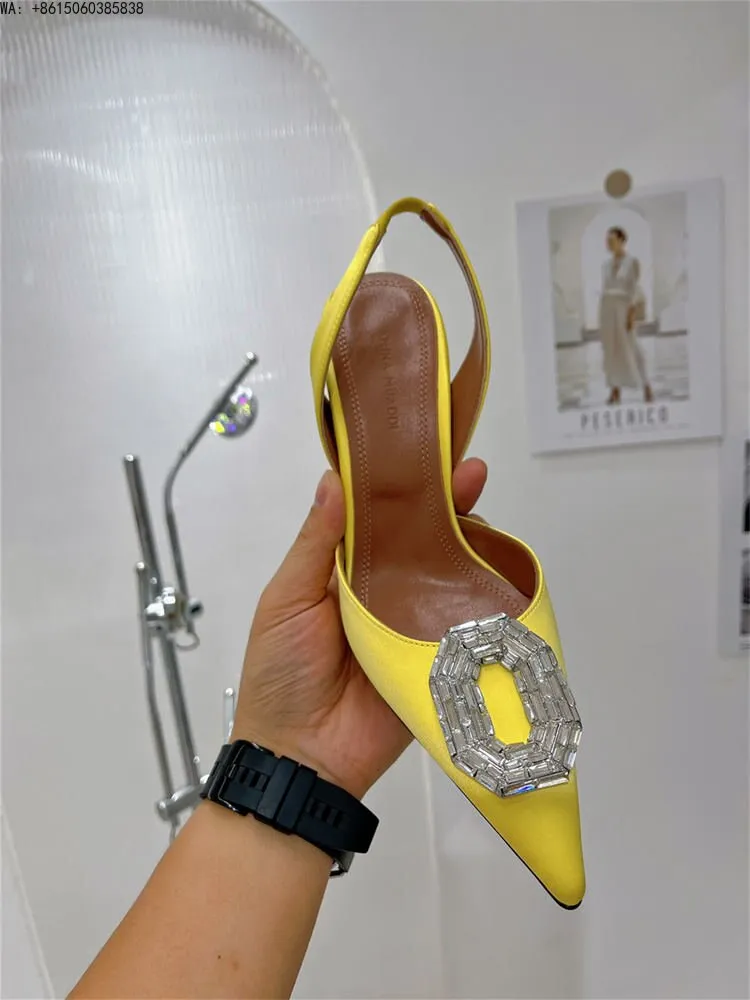 Satin Camelia Slingback Mules rystal buckles highlight sharp pointed toe slingback strap bridal ladies luxury Amina Muaddi shoes