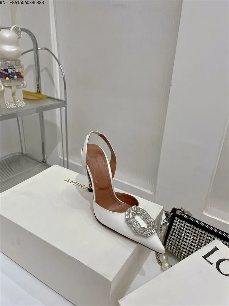 Satin Camelia Slingback Mules rystal buckles highlight sharp pointed toe slingback strap bridal ladies luxury Amina Muaddi shoes