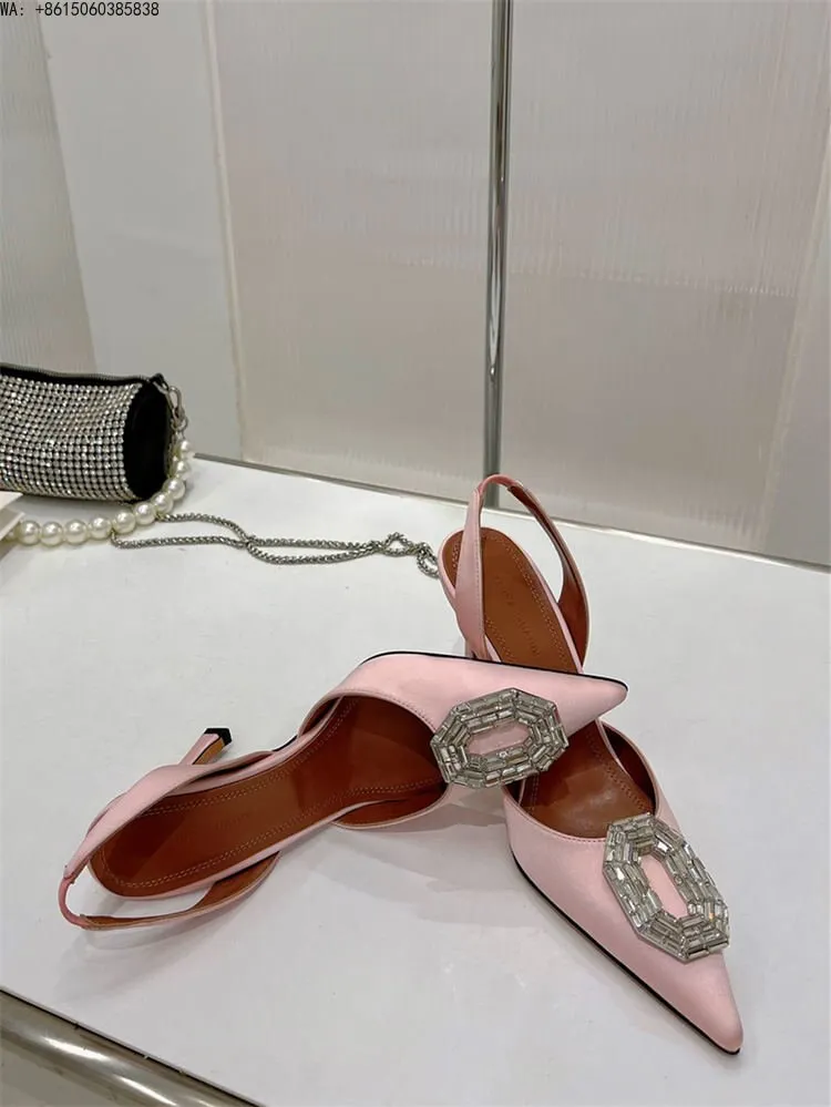 Satin Camelia Slingback Mules rystal buckles highlight sharp pointed toe slingback strap bridal ladies luxury Amina Muaddi shoes