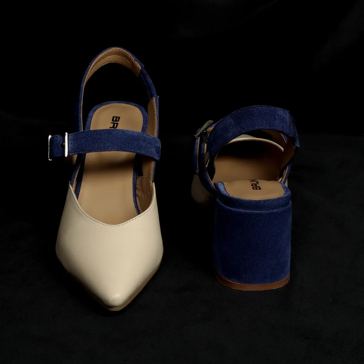 Silhouette Blue Suede Block Heel Buckle Srap Pointed Beige Leather Slingback Sandals By Brune & Bareskin