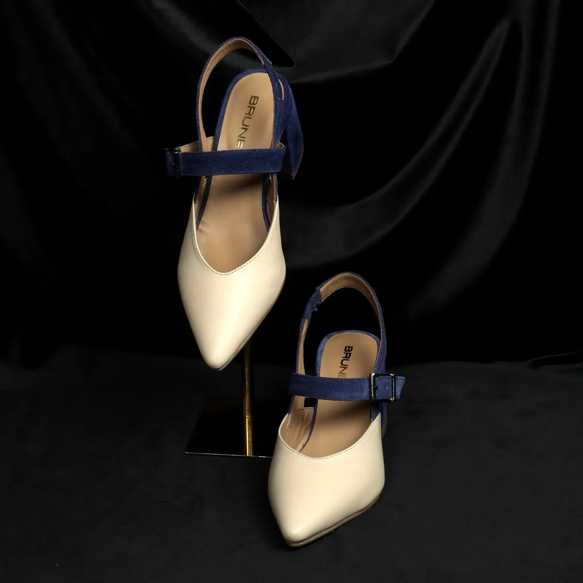 Silhouette Blue Suede Block Heel Buckle Srap Pointed Beige Leather Slingback Sandals By Brune & Bareskin