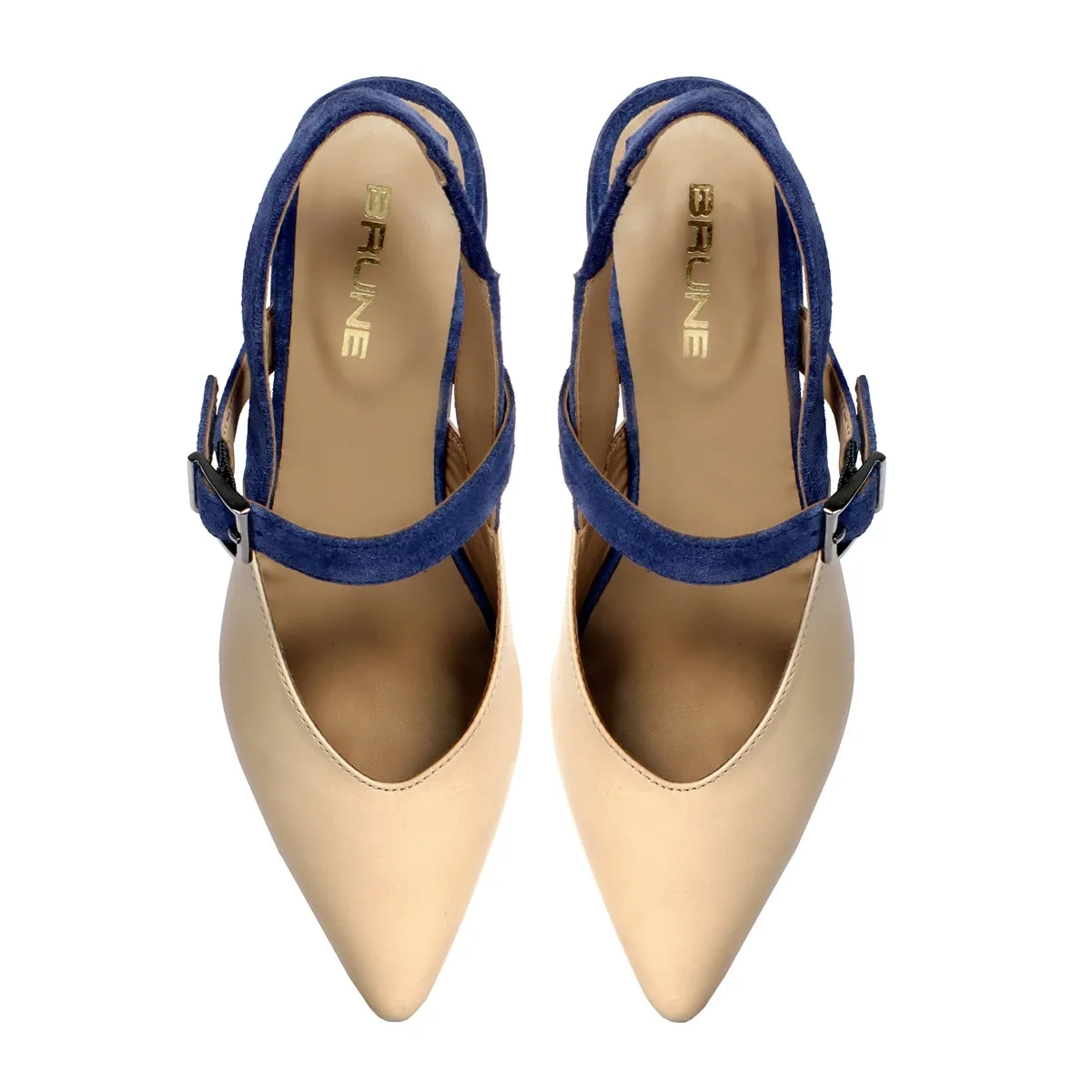 Silhouette Blue Suede Block Heel Buckle Srap Pointed Beige Leather Slingback Sandals By Brune & Bareskin