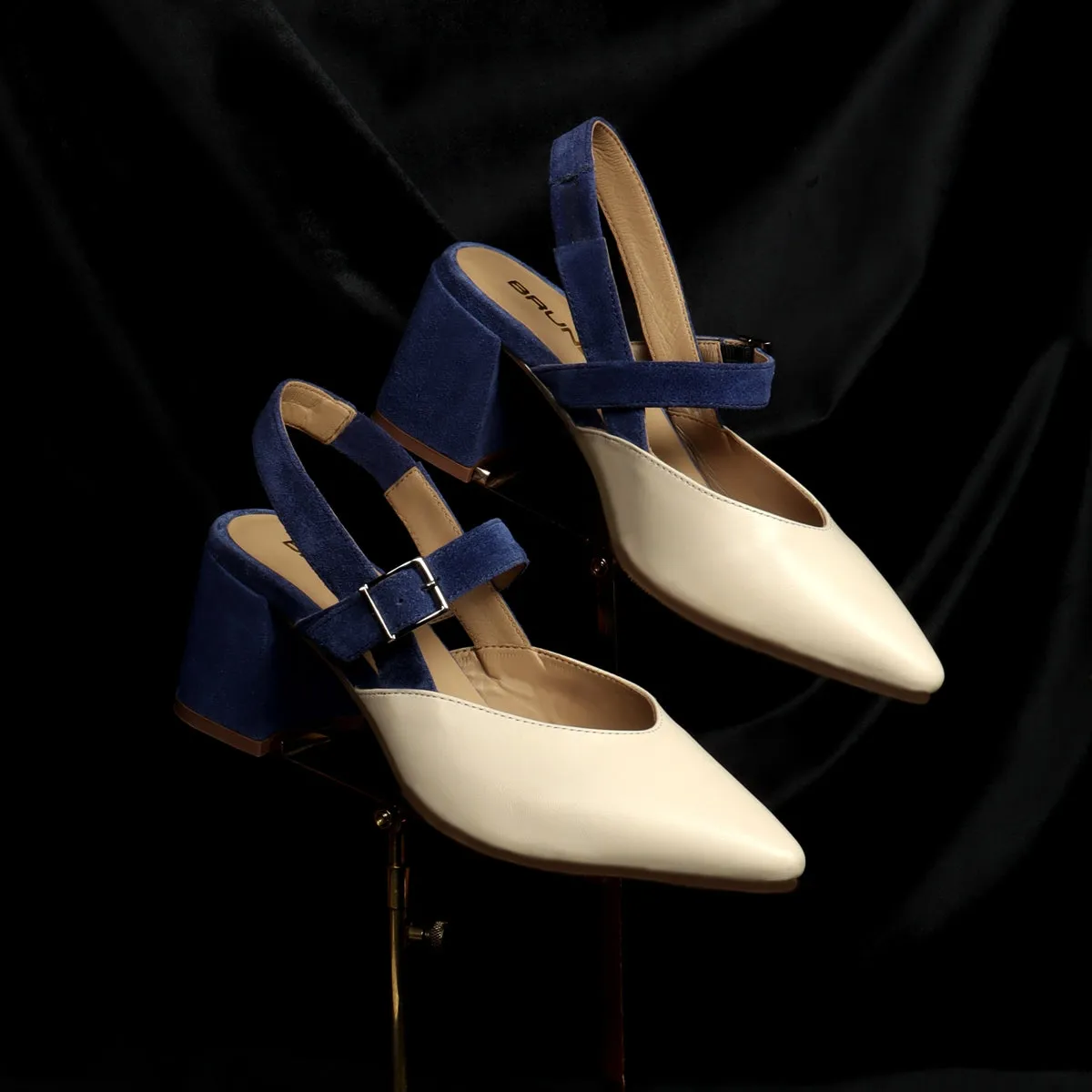 Silhouette Blue Suede Block Heel Buckle Srap Pointed Beige Leather Slingback Sandals By Brune & Bareskin