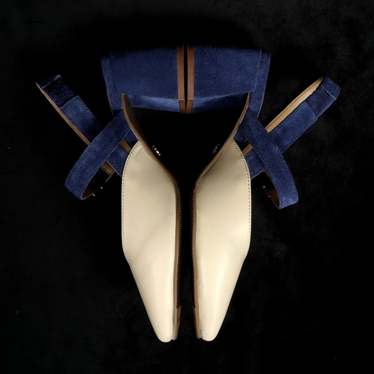 Silhouette Blue Suede Block Heel Buckle Srap Pointed Beige Leather Slingback Sandals By Brune & Bareskin
