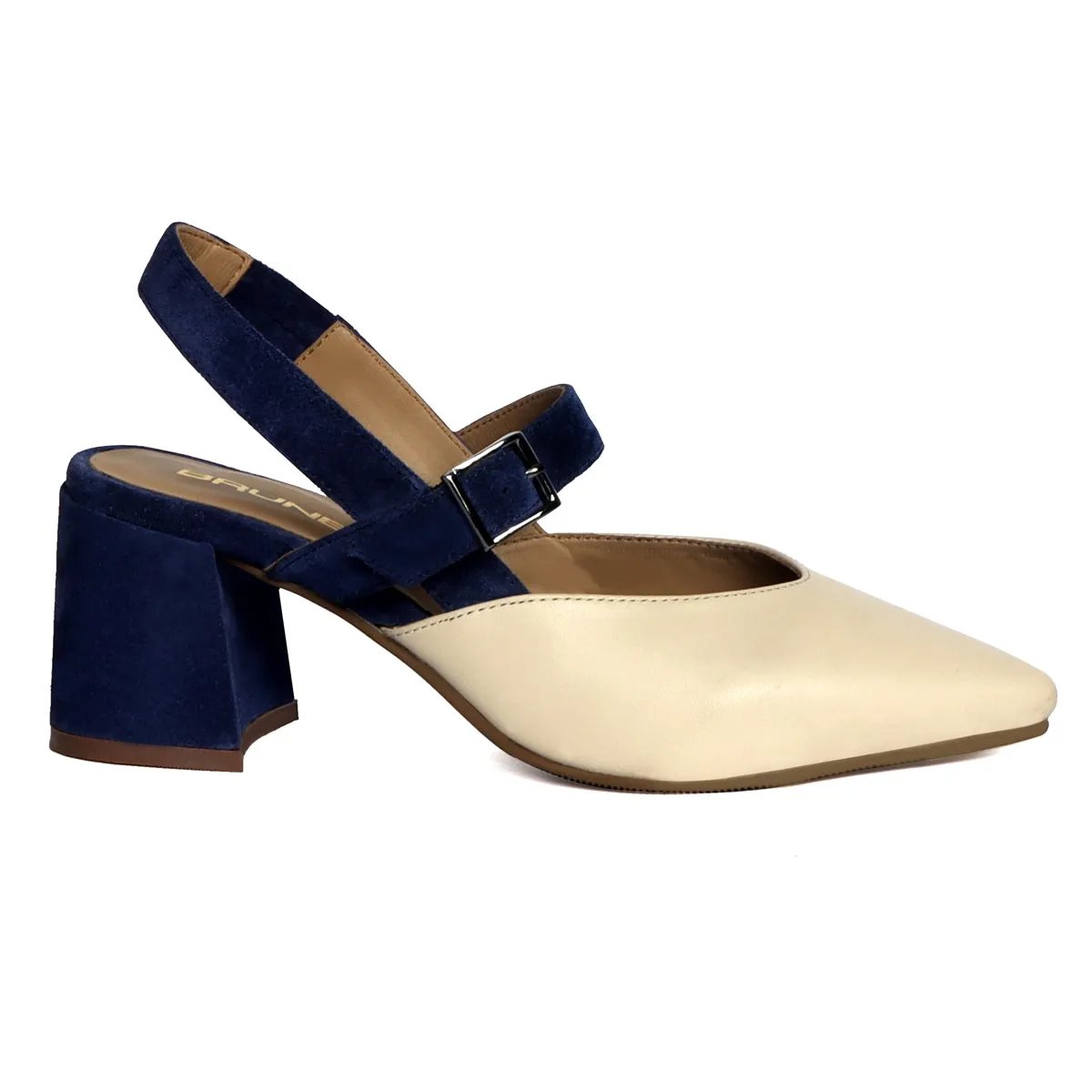 Silhouette Blue Suede Block Heel Buckle Srap Pointed Beige Leather Slingback Sandals By Brune & Bareskin