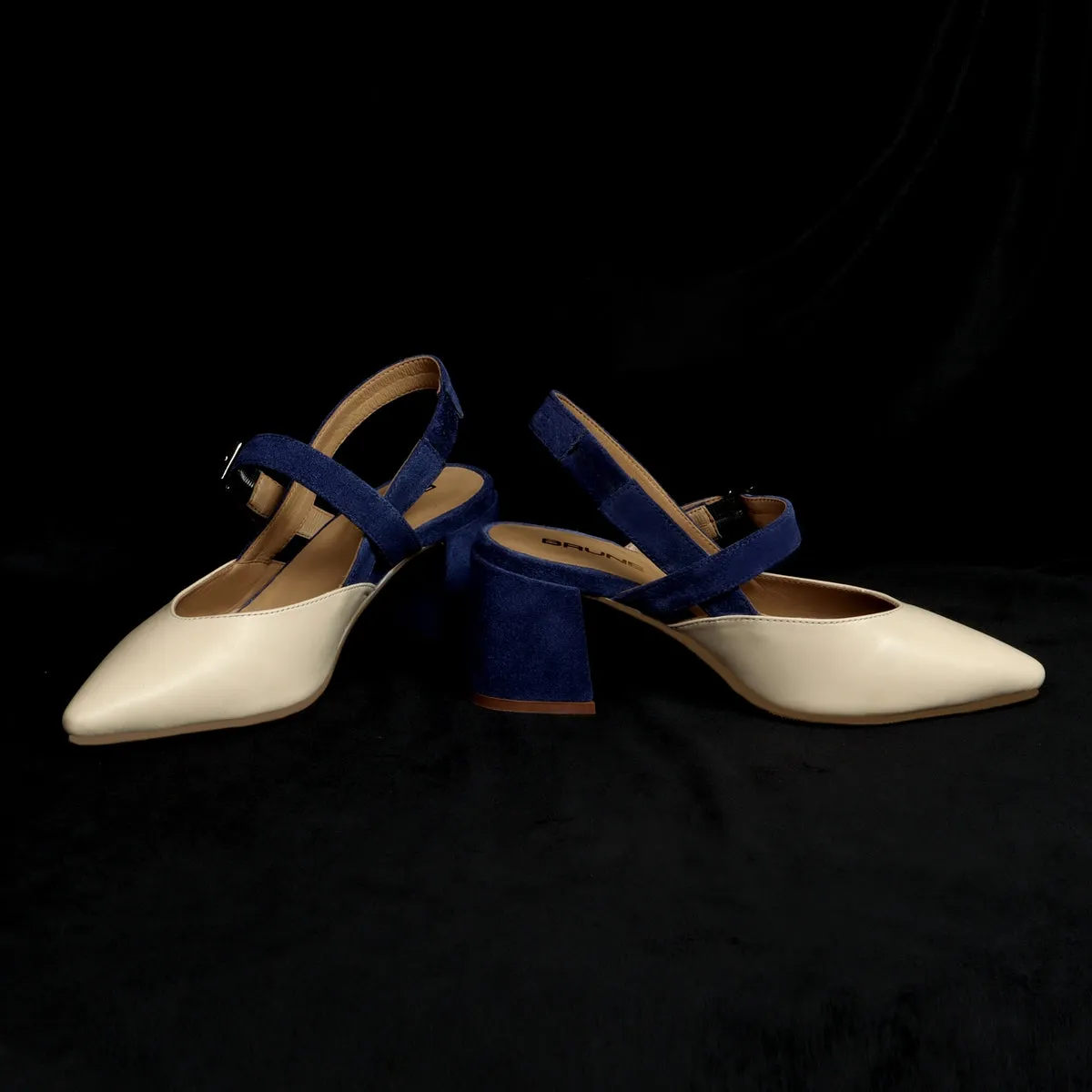 Silhouette Blue Suede Block Heel Buckle Srap Pointed Beige Leather Slingback Sandals By Brune & Bareskin