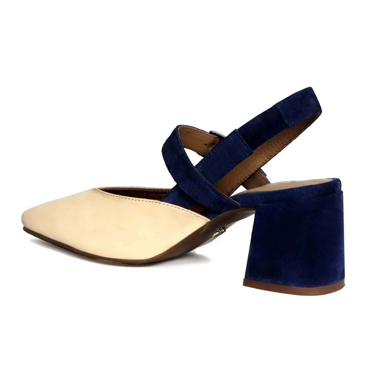 Silhouette Blue Suede Block Heel Buckle Srap Pointed Beige Leather Slingback Sandals By Brune & Bareskin
