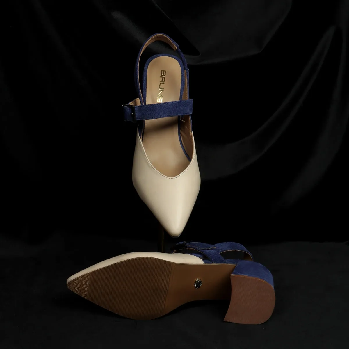 Silhouette Blue Suede Block Heel Buckle Srap Pointed Beige Leather Slingback Sandals By Brune & Bareskin