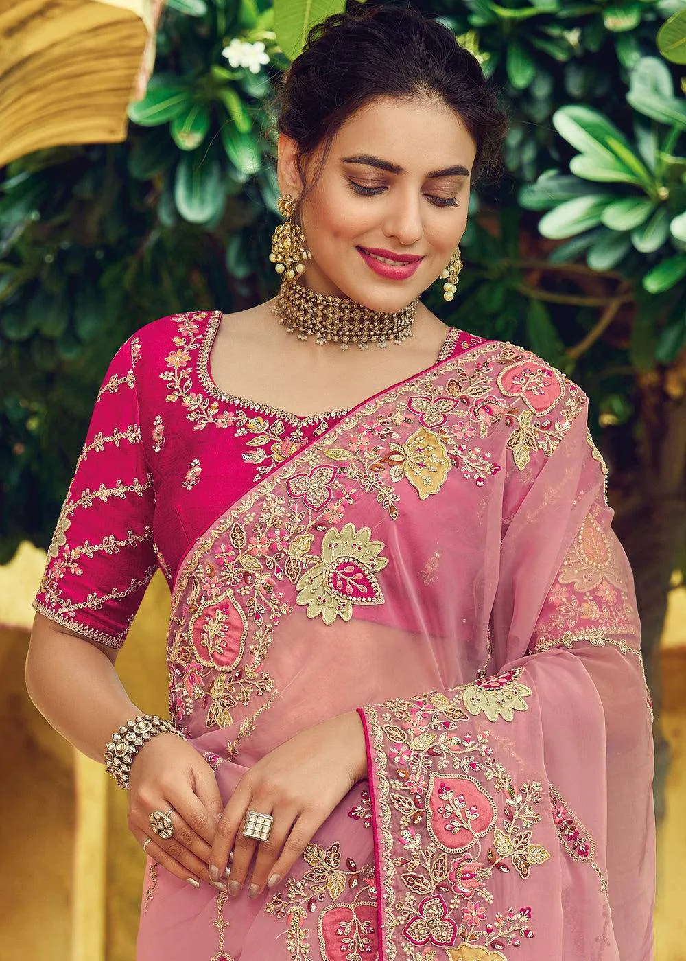 Thulian Pink Organza Saree with Embroidery