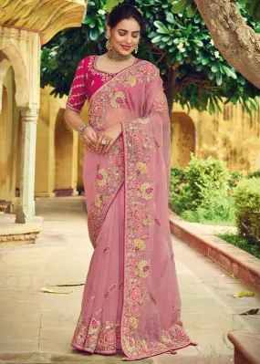 Thulian Pink Organza Saree with Embroidery