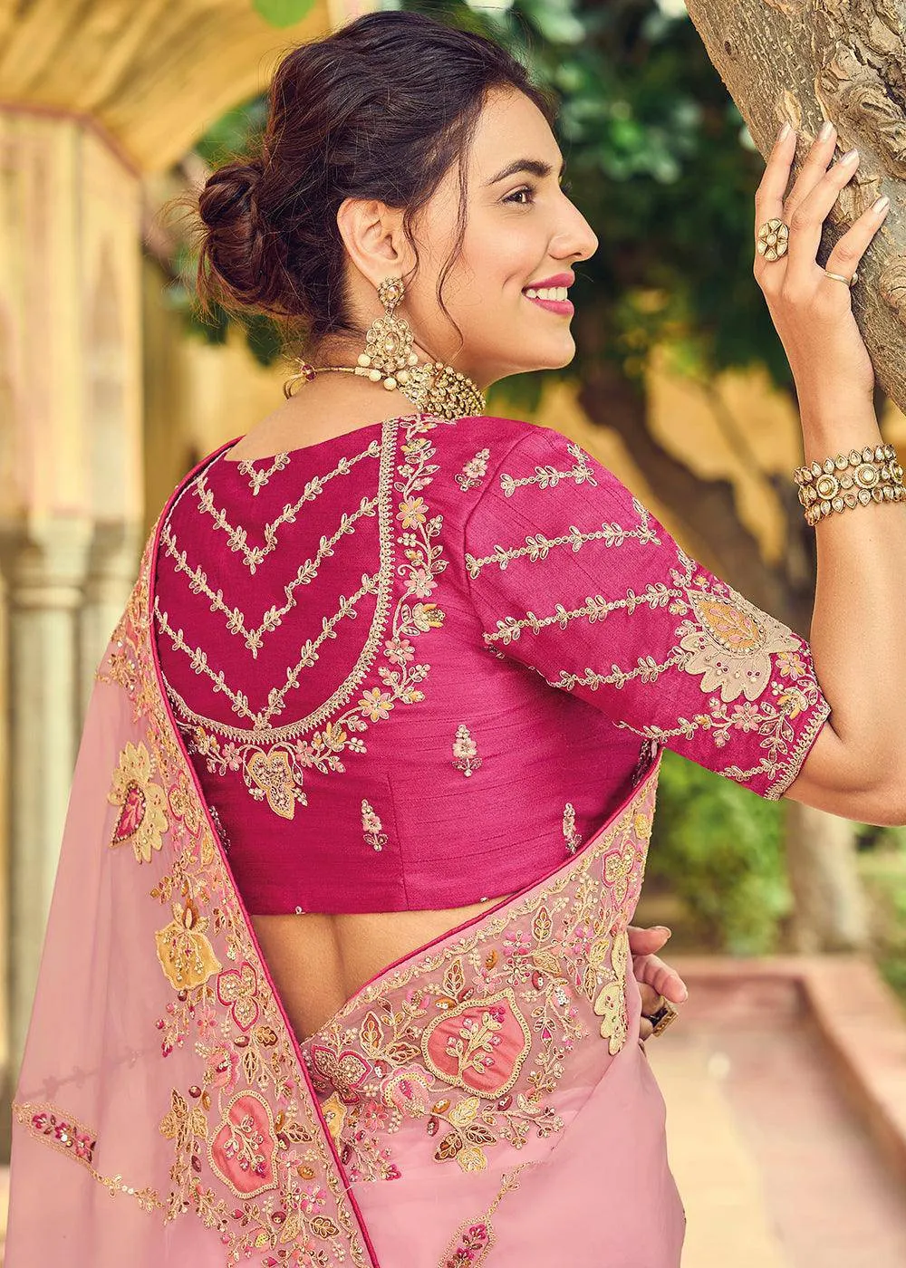Thulian Pink Organza Saree with Embroidery