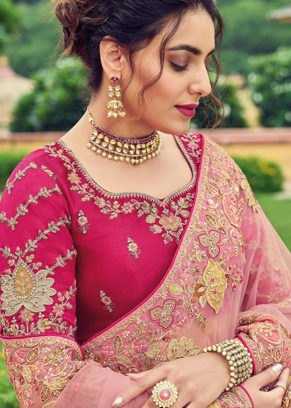 Thulian Pink Organza Saree with Embroidery