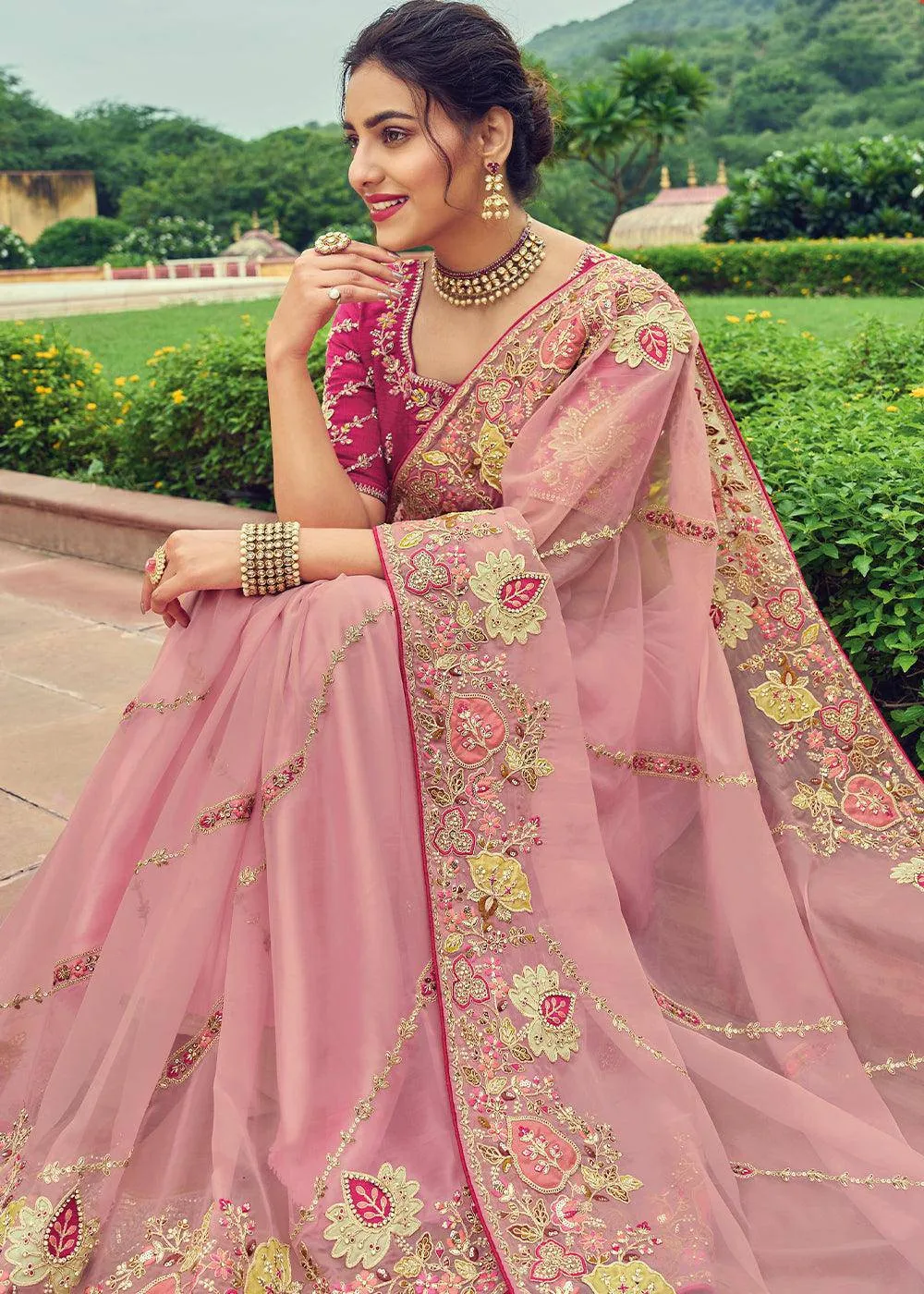 Thulian Pink Organza Saree with Embroidery