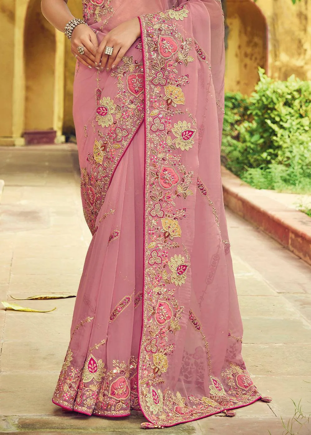 Thulian Pink Organza Saree with Embroidery