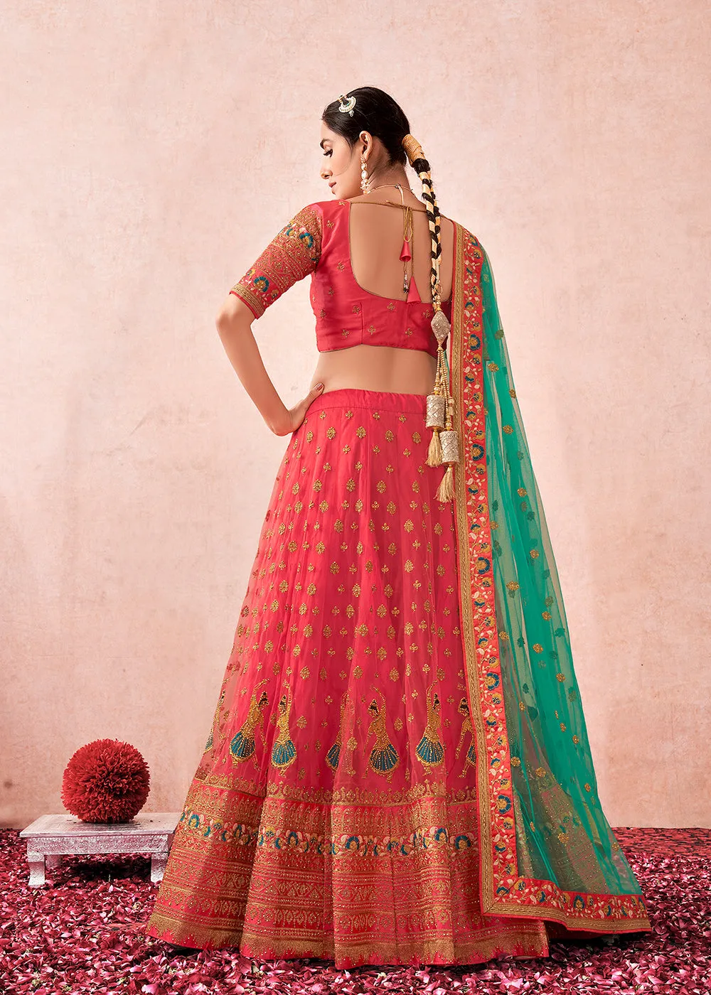 Traditional Peach Coral Kalidar Embroidered Net Lehenga Choli