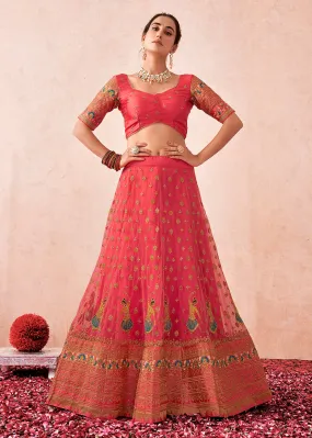 Traditional Peach Coral Kalidar Embroidered Net Lehenga Choli