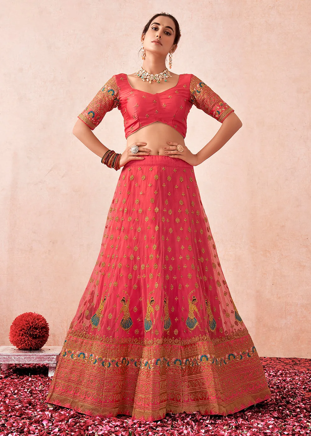 Traditional Peach Coral Kalidar Embroidered Net Lehenga Choli