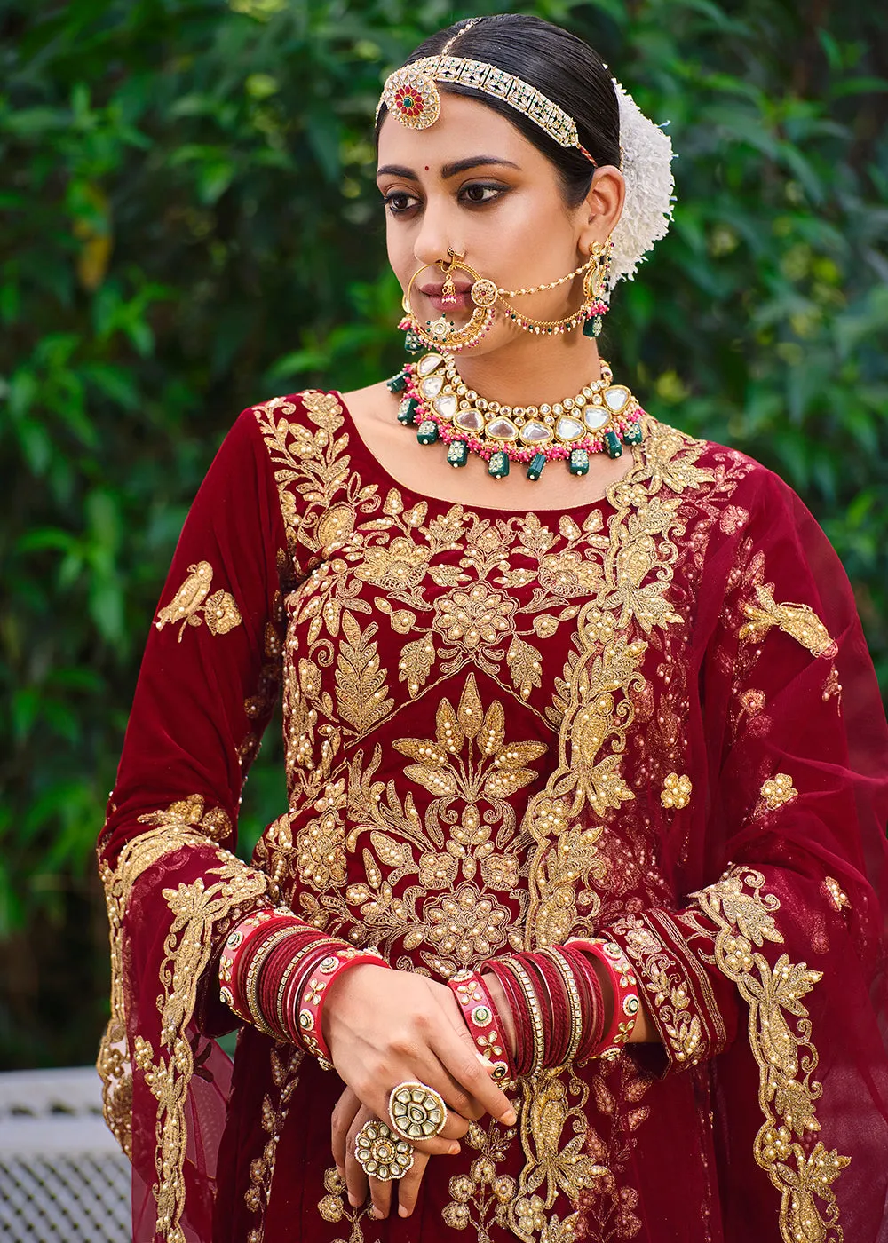 Velvet Dazzling Maroon Stone Cording Bridal Style Lehenga Choli