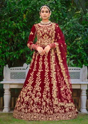 Velvet Dazzling Maroon Stone Cording Bridal Style Lehenga Choli