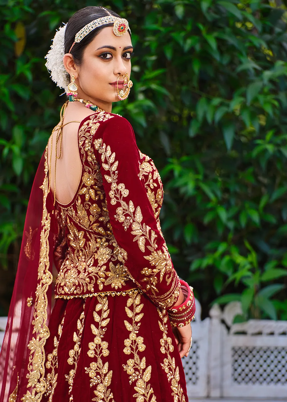 Velvet Dazzling Maroon Stone Cording Bridal Style Lehenga Choli