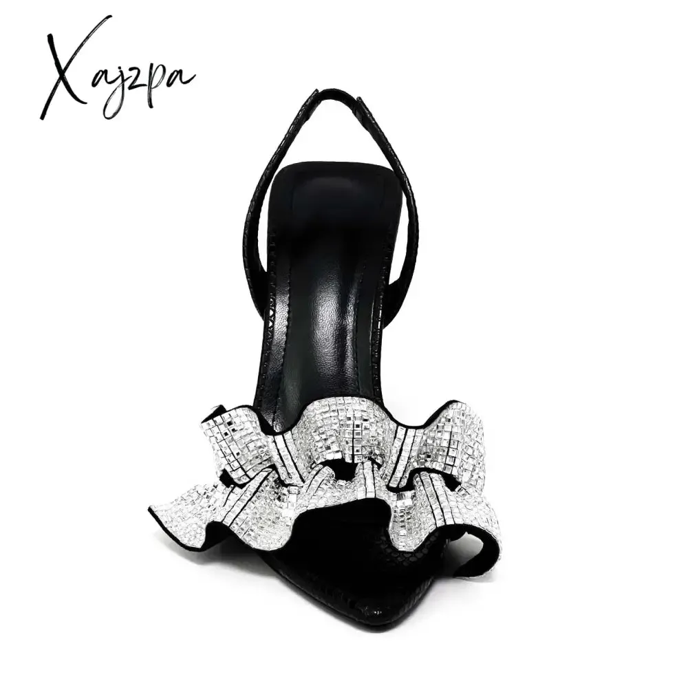 Xajzpa - Women Summer Sandals High Heels Ladies Shoes Rhinestone Ankle Strap Party Wedding Female Sandal Elegant Pointed Thin Heel Pump