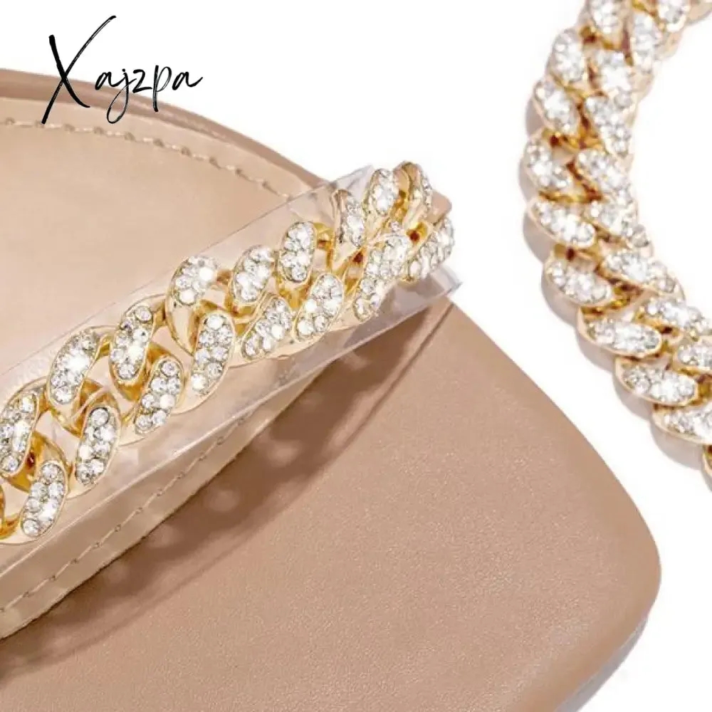 Xajzpa - Women Wedding Heels Elegant Party Sandals Chain Embellished Ankle Strap Chunky Heels Shoes