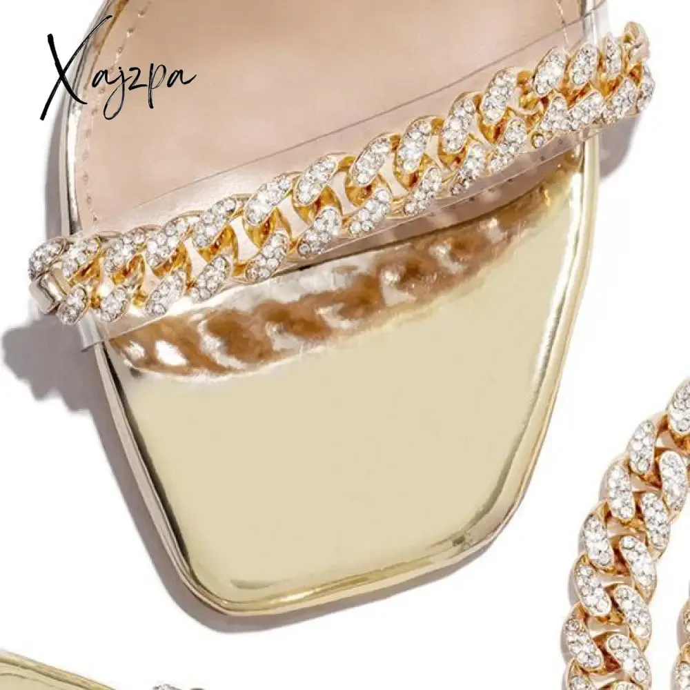 Xajzpa - Women Wedding Heels Elegant Party Sandals Chain Embellished Ankle Strap Chunky Heels Shoes