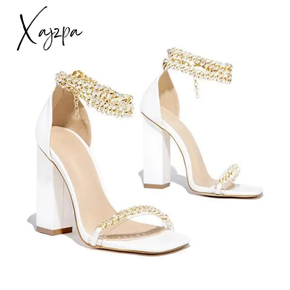 Xajzpa - Women Wedding Heels Elegant Party Sandals Chain Embellished Ankle Strap Chunky Heels Shoes