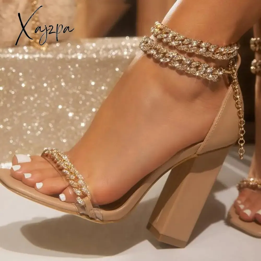 Xajzpa - Women Wedding Heels Elegant Party Sandals Chain Embellished Ankle Strap Chunky Heels Shoes