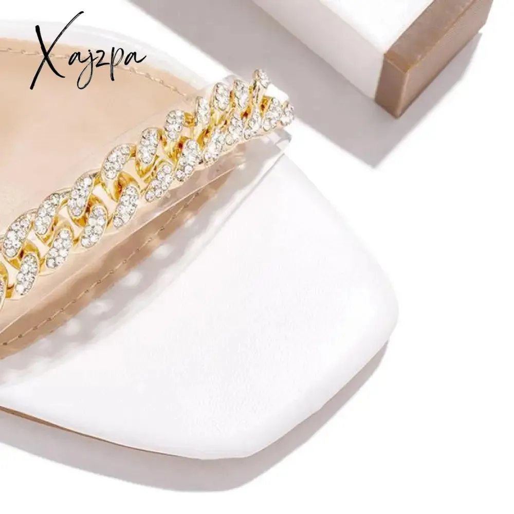 Xajzpa - Women Wedding Heels Elegant Party Sandals Chain Embellished Ankle Strap Chunky Heels Shoes