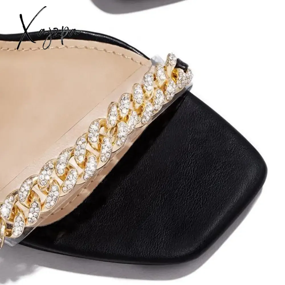Xajzpa - Women Wedding Heels Elegant Party Sandals Chain Embellished Ankle Strap Chunky Heels Shoes