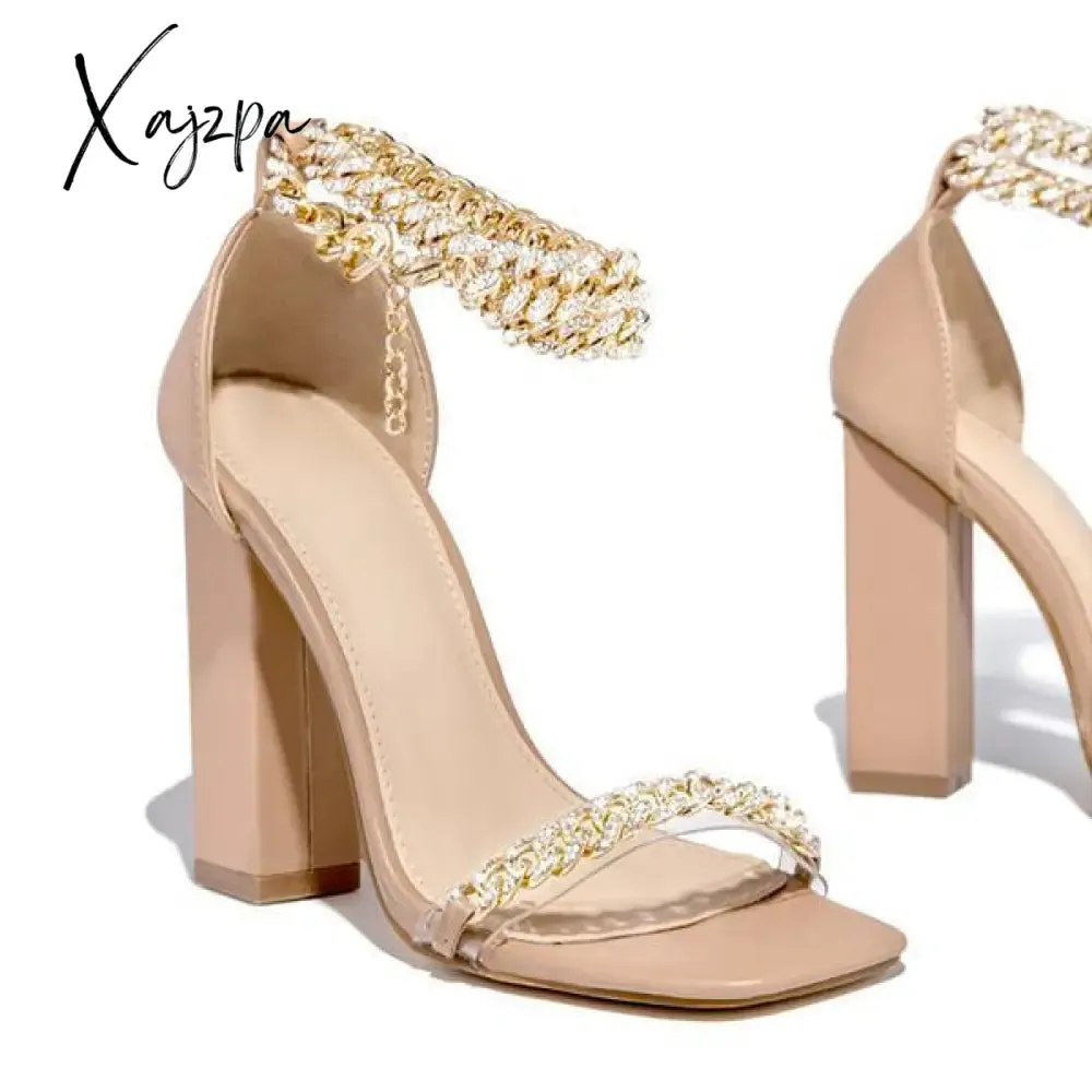 Xajzpa - Women Wedding Heels Elegant Party Sandals Chain Embellished Ankle Strap Chunky Heels Shoes