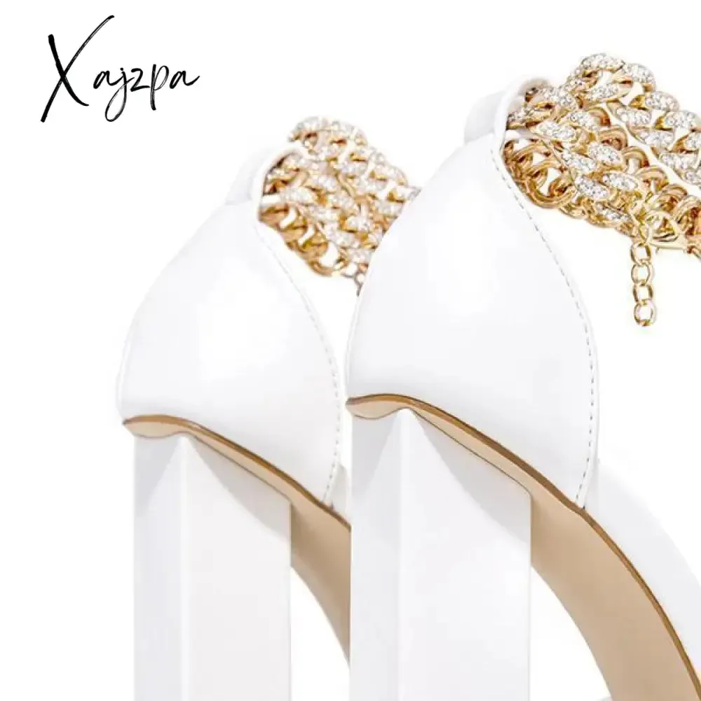 Xajzpa - Women Wedding Heels Elegant Party Sandals Chain Embellished Ankle Strap Chunky Heels Shoes