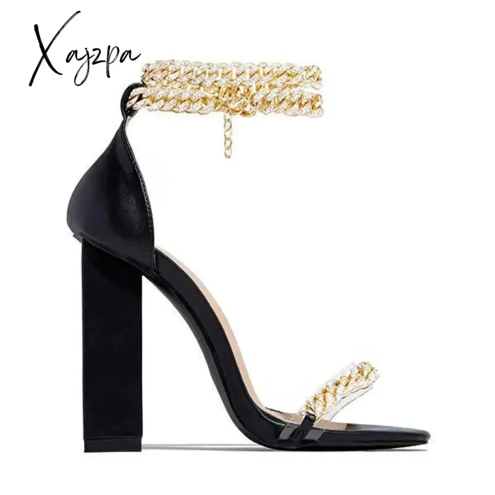 Xajzpa - Women Wedding Heels Elegant Party Sandals Chain Embellished Ankle Strap Chunky Heels Shoes