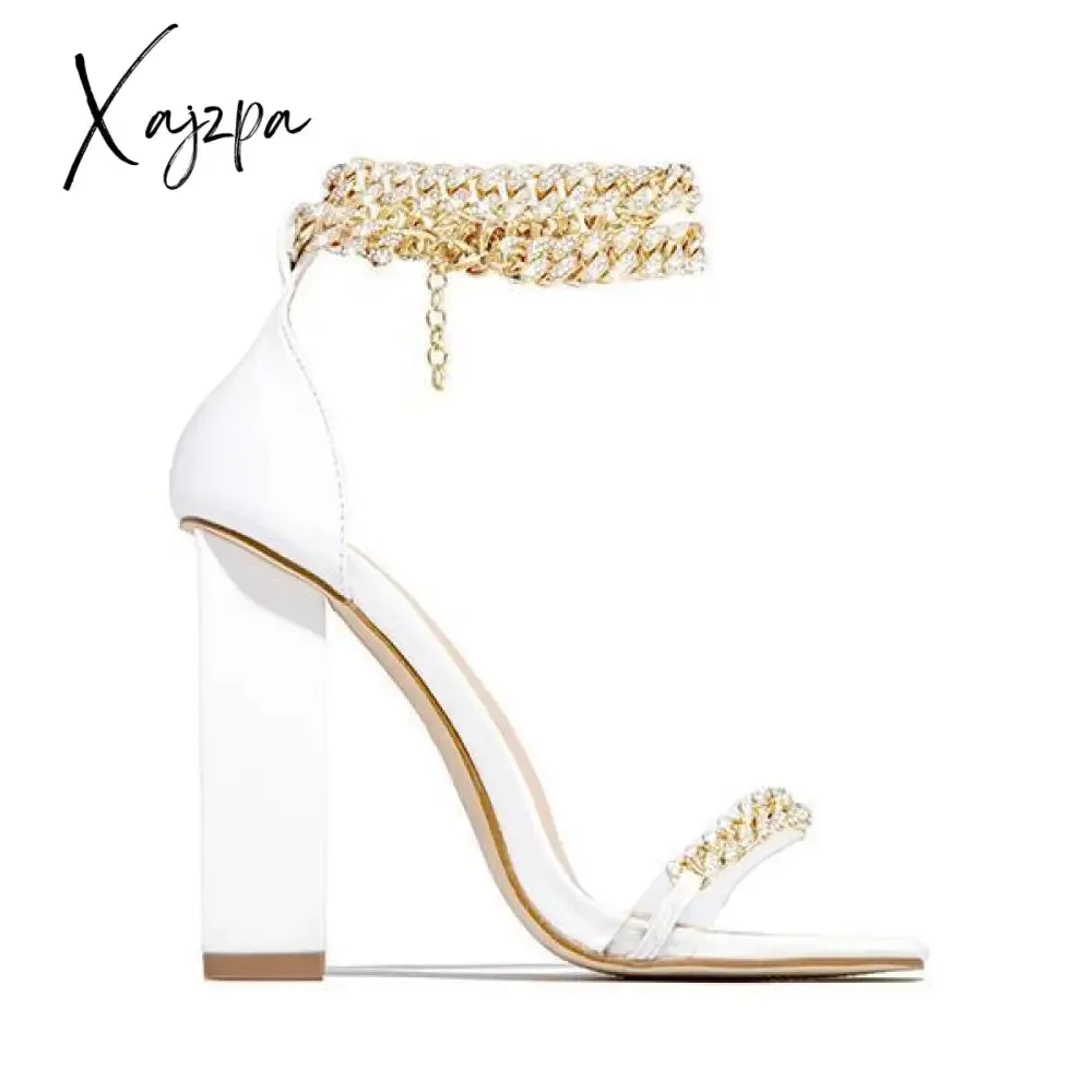 Xajzpa - Women Wedding Heels Elegant Party Sandals Chain Embellished Ankle Strap Chunky Heels Shoes
