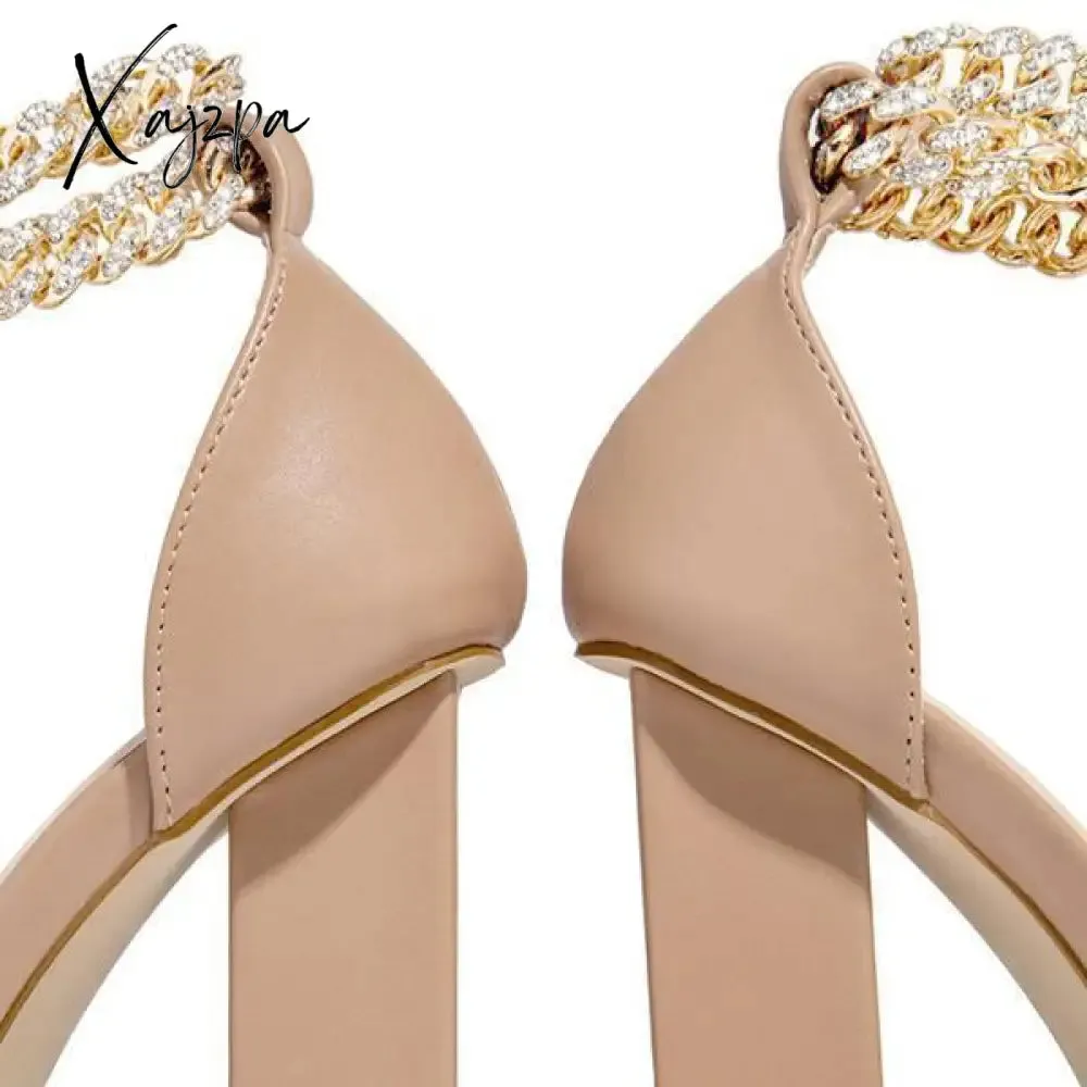 Xajzpa - Women Wedding Heels Elegant Party Sandals Chain Embellished Ankle Strap Chunky Heels Shoes