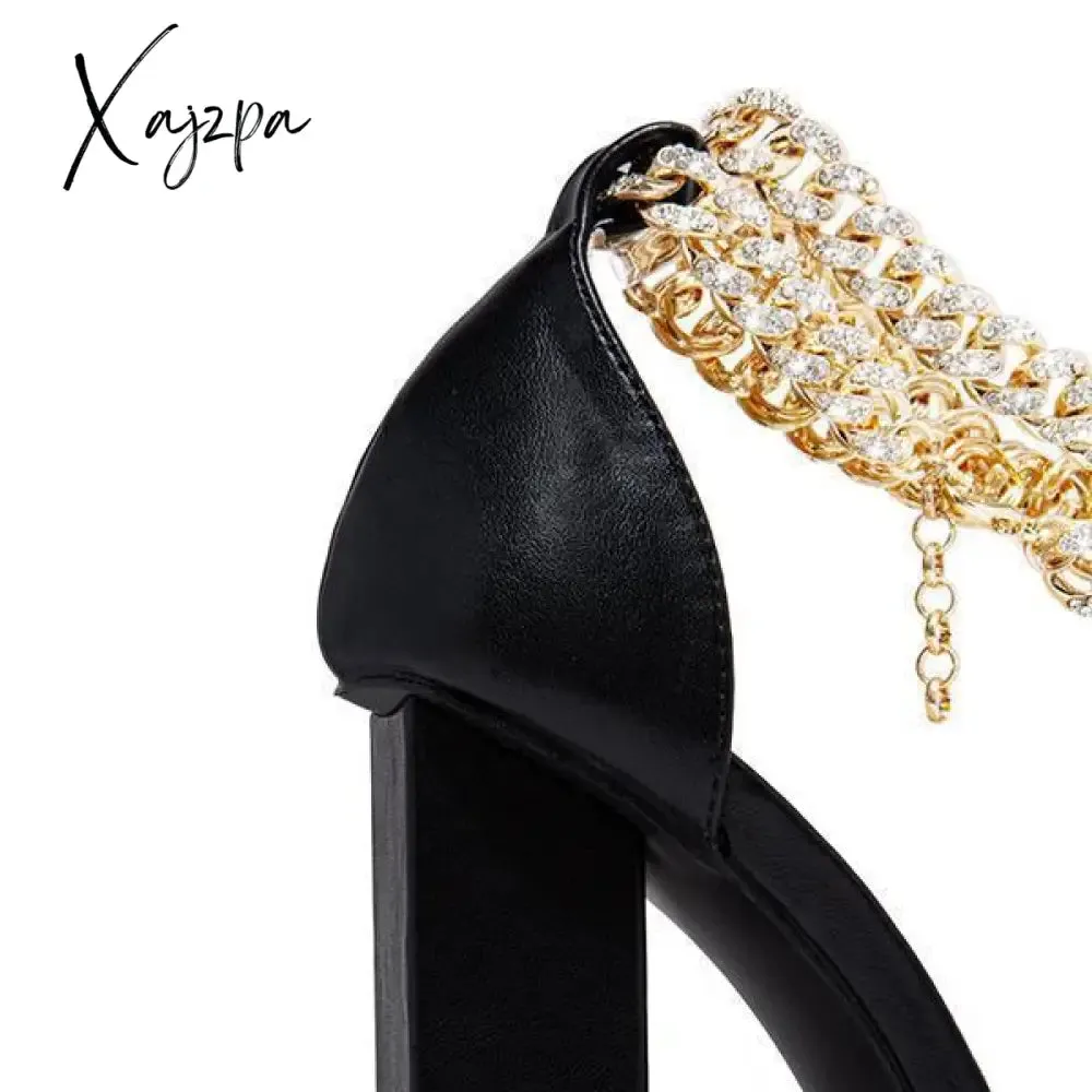 Xajzpa - Women Wedding Heels Elegant Party Sandals Chain Embellished Ankle Strap Chunky Heels Shoes