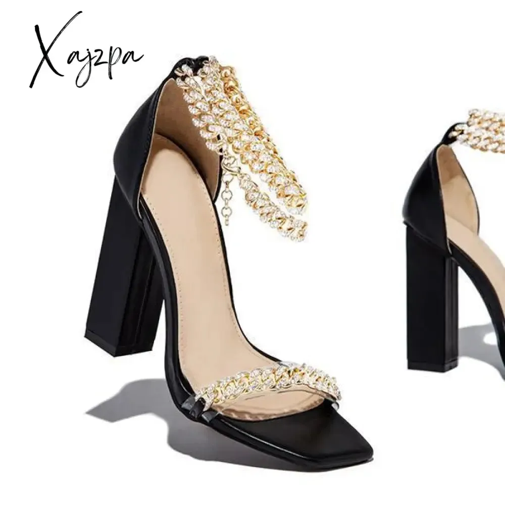 Xajzpa - Women Wedding Heels Elegant Party Sandals Chain Embellished Ankle Strap Chunky Heels Shoes