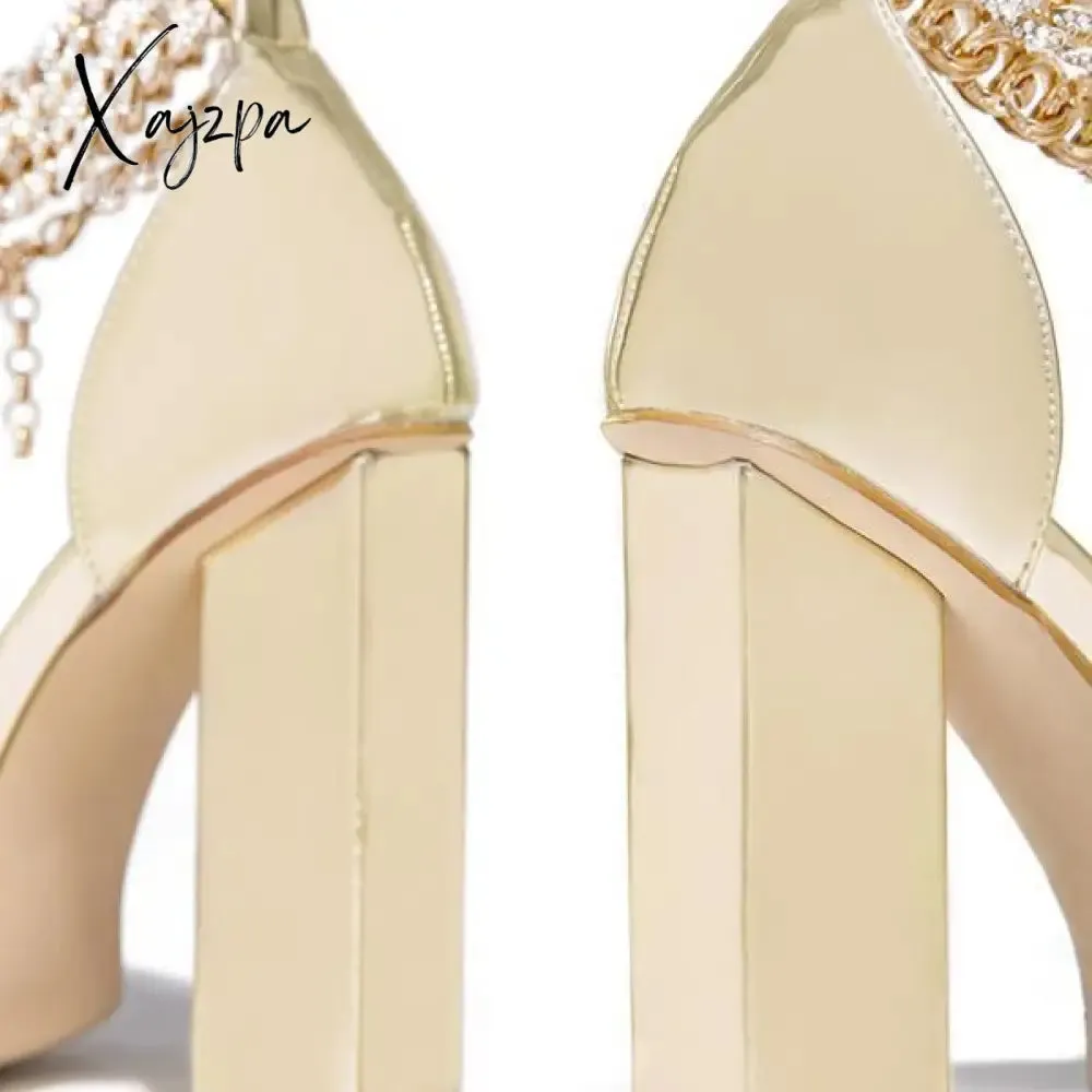 Xajzpa - Women Wedding Heels Elegant Party Sandals Chain Embellished Ankle Strap Chunky Heels Shoes