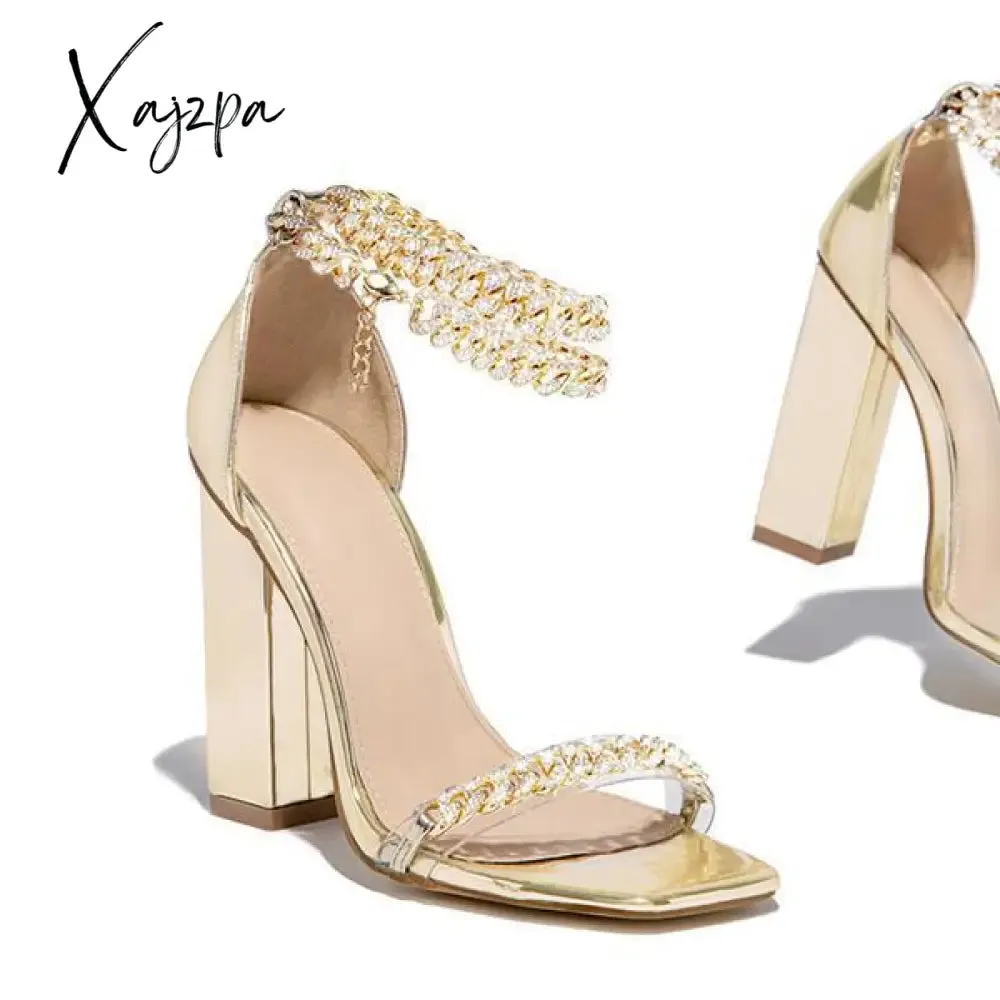 Xajzpa - Women Wedding Heels Elegant Party Sandals Chain Embellished Ankle Strap Chunky Heels Shoes