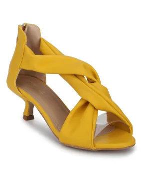 Yellow PU Twisted Strap Low Heel Stilettos