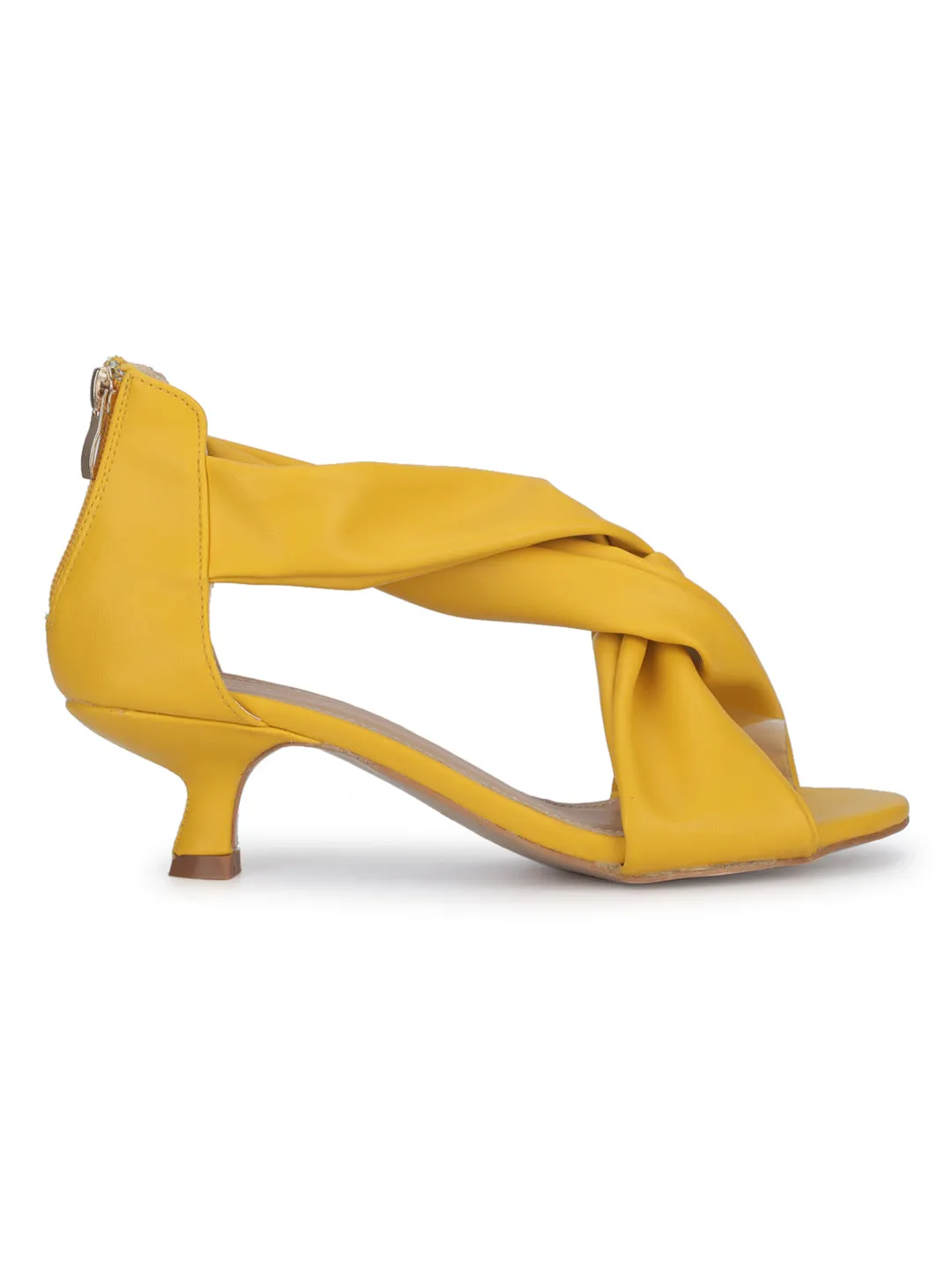 Yellow PU Twisted Strap Low Heel Stilettos